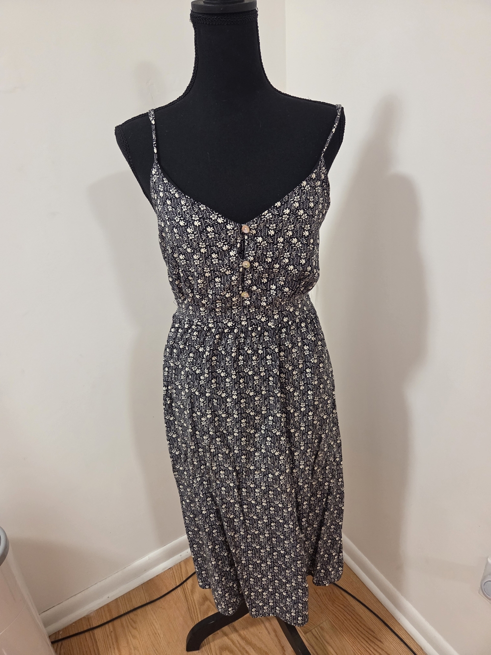 As U Wish Black Floral Button-Front Midi Dress